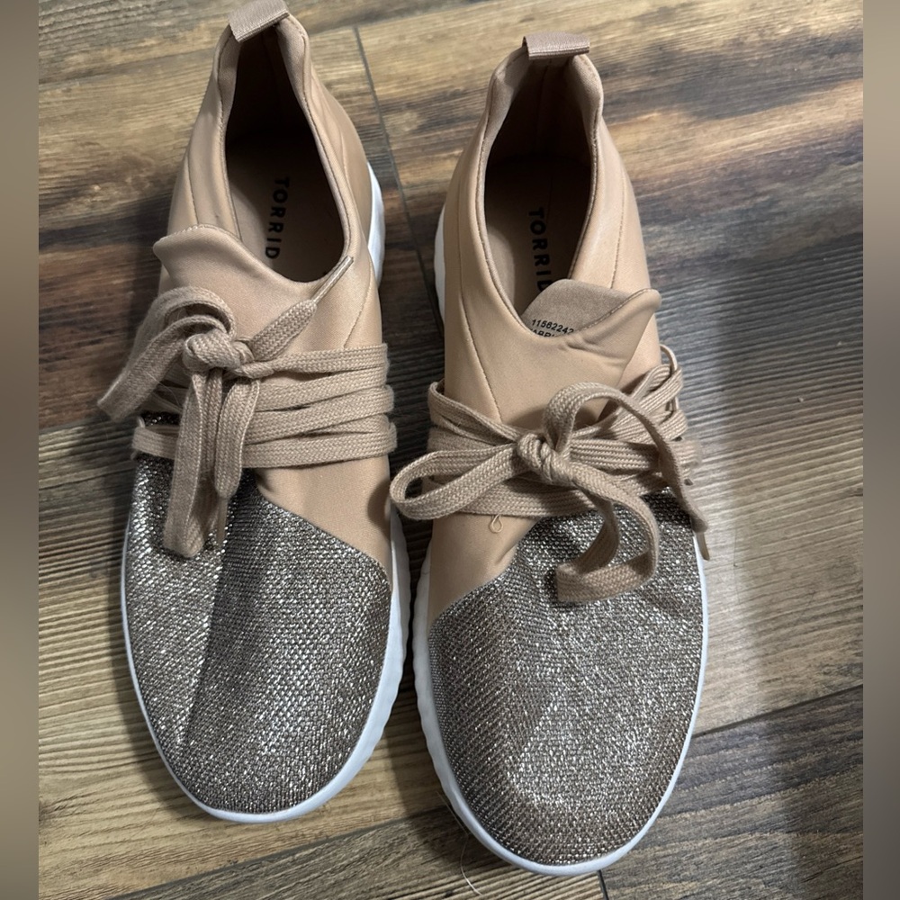 Torrid-branded sneakers nude/blush fabric upper, gold glitter toe cap Size 11W